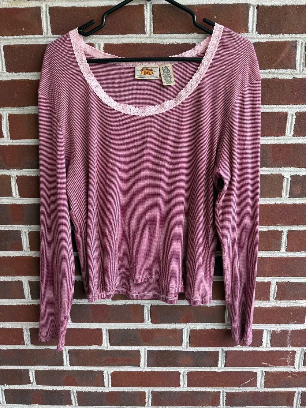 Y2K Late 90s Route 66 Striped Long Sleeve Micro Thermal Top 100% Cotton XL
